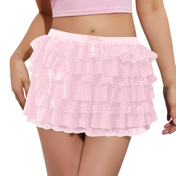 MIXUE Skirts For Women Summer Solid Color Ruffle Lace Elastic Waist Bow Front Micro Mini Skirt Activewear,Pink,M
