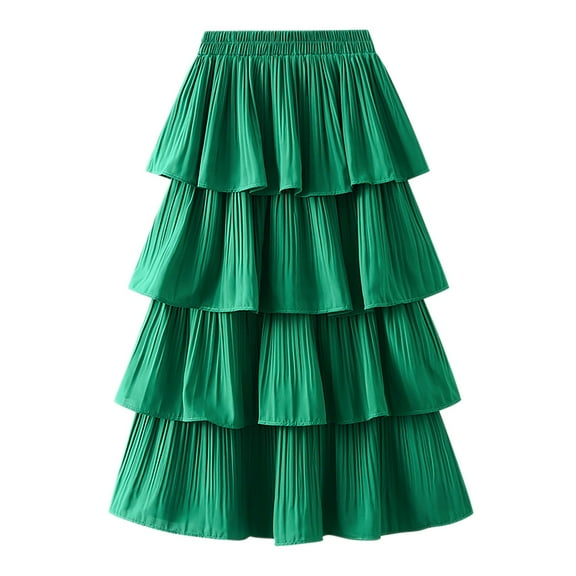 MIXUE Skirts For Women Summer Solid Color Ruffled Pleated Elastic High Waist Casual Cake Maxi Skirt Holiday Wear,Green,One Size