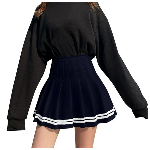 MIXUE Skirts For Women Summer Striped Print Pleated Elastic High Waist A Line Mini Tennis Skirt Streetwear,Blue,M