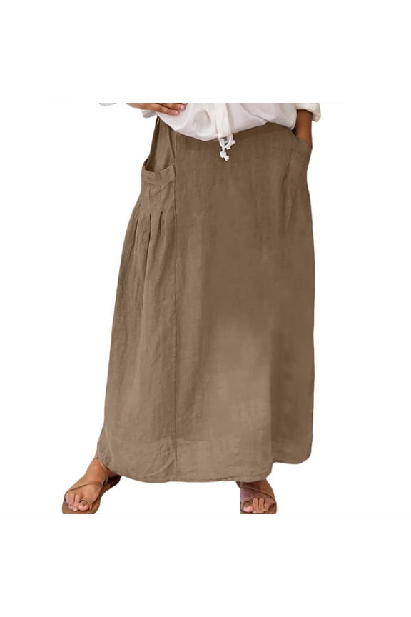 Skirts For Women Summer Solid Color Casual With Pockets Plus Size High Waist Pleated Long A Line Flowy Travel Denim Maxi Skirt Streetwear,Gold,XXL