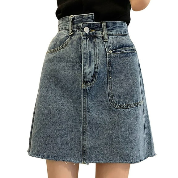 MIXUE Skirts For Women Summer Solid Color Jeans High Waist Asymmetrical Fashion Casual A Line Button Culottes Elegant Mini Denim Skirt Activewear,Blue,XXL