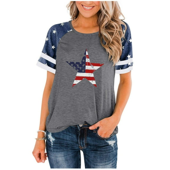MIXUE Summer Color Block Star Print Patchwork Crew Neck Short Sleeve Fashion Casual Tshirts Outwear,Gray,XXL