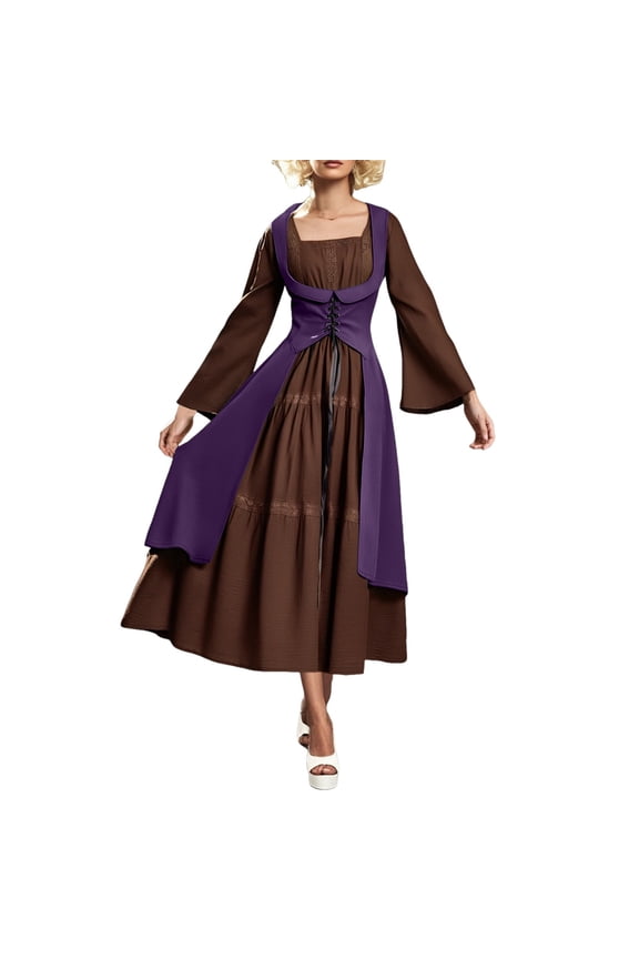 Summer Dresses for Women Lace Solid Color Square Collar Flared Long Sleeve Maxi Dress Beachwear,Purple,XXL