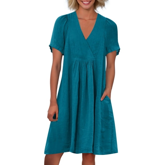 MIXUE Summer Dresses for Women Linen Solid Color V Neck Short Sleeve Loose Casual Fashion Retro Pleated Mini Dress Outwear,Blue,XL