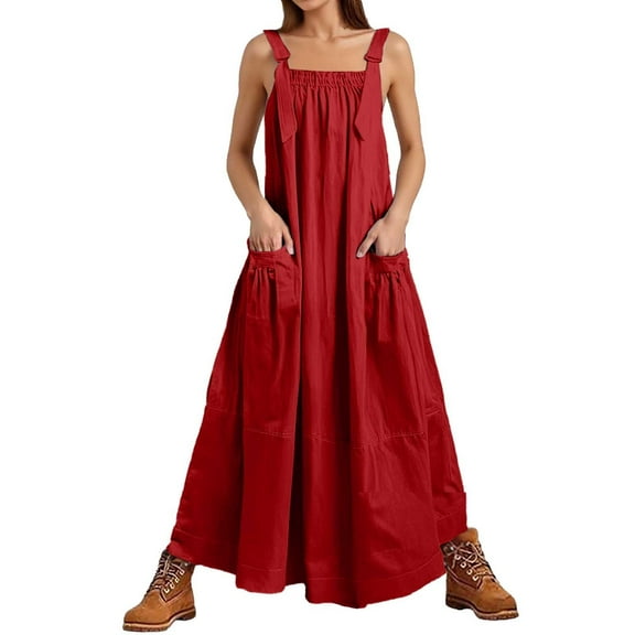 MIXUE Summer Dresses for Women Solid Color Fashion Seleveless Loose Strap Maxi Casual Dress Holiday Wear,Red,L