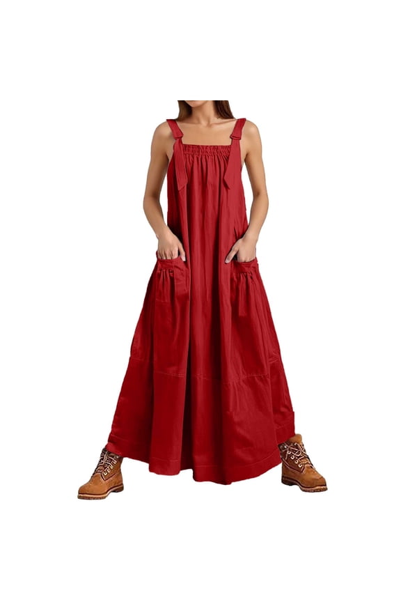 Summer Dresses for Women Solid Color Fashion Seleveless Loose Strap Maxi Casual Dress Holiday Wear,Red,L