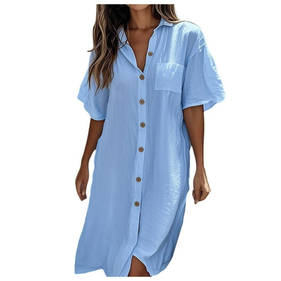 MIXUE Summer Dresses for Women Solid Color Lapel Short Sleeve Casual Cardigan Maxi Shirt Dress Streetwear,Blue,S