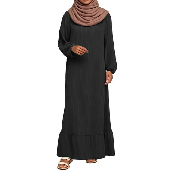 MIXUE Summer Dresses for Women Solid Color Round Neck Long Sleeve Casual Maxi Dress Streetwear,Black,M