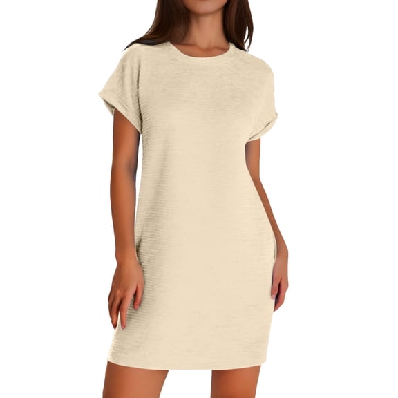 MIXUE Summer Dresses for Women Solid Color Round Neck Short Sleeve Mini Fashion Casual Beach Vacation Dress Outwear,Beige,S