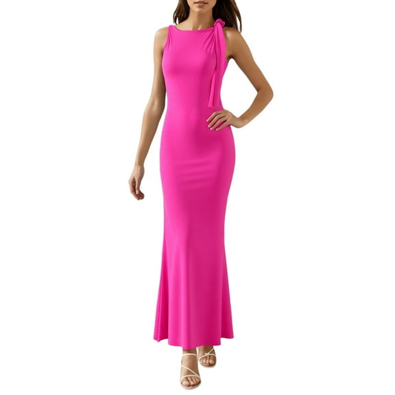 MIXUE Summer Dresses for Women Solid Color Round Neck Sleeveless Fashion Gown Maxi Dress Holiday Wear,Pink,M
