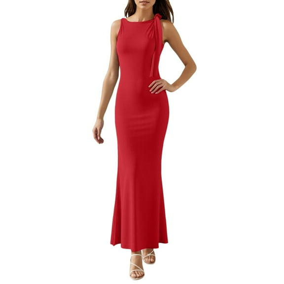 MIXUE Summer Dresses for Women Solid Color Round Neck Sleeveless Fashion Gown Maxi Dress Outwear,Red,M