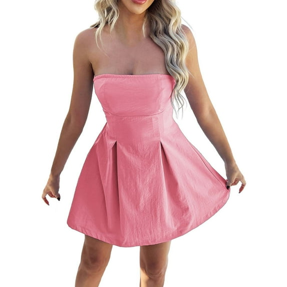 MIXUE Summer Dresses for Women Solid Color Sexy Strapless Backless Party Evening Mini Dress Beachwear,Pink,XL