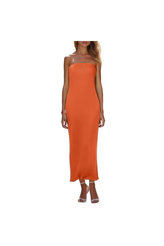 Summer Dresses for Women Solid Color Sexy Strapless Off Shoulder Party Club Beach Maxi Dress Streetwear,Orange,S