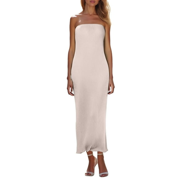 MIXUE Summer Dresses for Women Solid Color Sexy Strapless Off Shoulder Tube Party Club Beach Maxi Dress Outwear,Beige,M