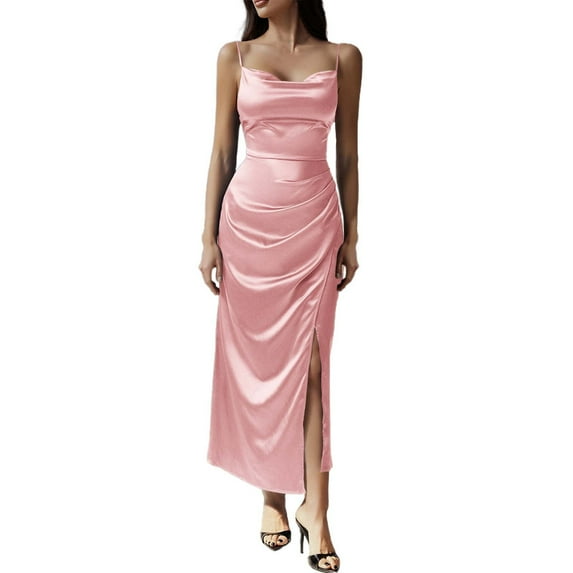 MIXUE Summer Dresses for Women Solid Color Spaghetti Strap Slim Casual Sexy Evening Maxi Dress Beachwear,Pink,XL