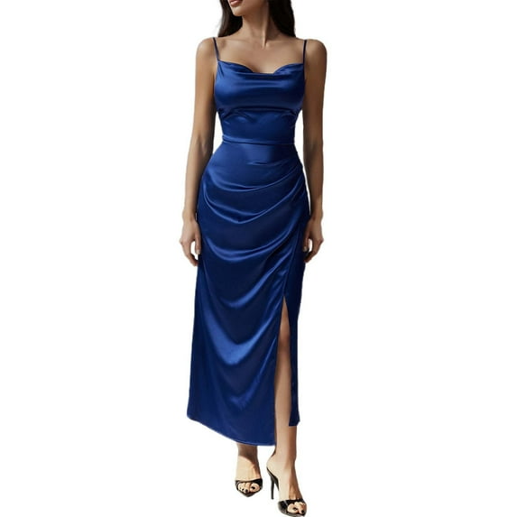 MIXUE Summer Dresses for Women Solid Color Spaghetti Strap Slim Casual Sexy Evening Maxi Dress Outwear,Blue,S
