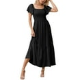 thumbnail image 1 of MIXUE Summer Dresses for Women Solid Color Square Collar Short Sleeve Smock Pockets Maxi Dress Holiday Wear,Black,M, 1 of 5