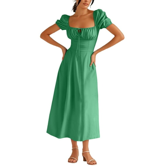 MIXUE Summer Dresses for Women Solid Color Square Collar Short Sleeve Split Slim Comfortable Maxi Dress Outwear,Green,M