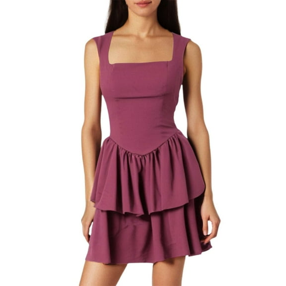 MIXUE Summer Dresses for Women Solid Color Square Collar Sleeveless Sexy Ruffle Hem Party Mini Dress Streetwear,Red,L