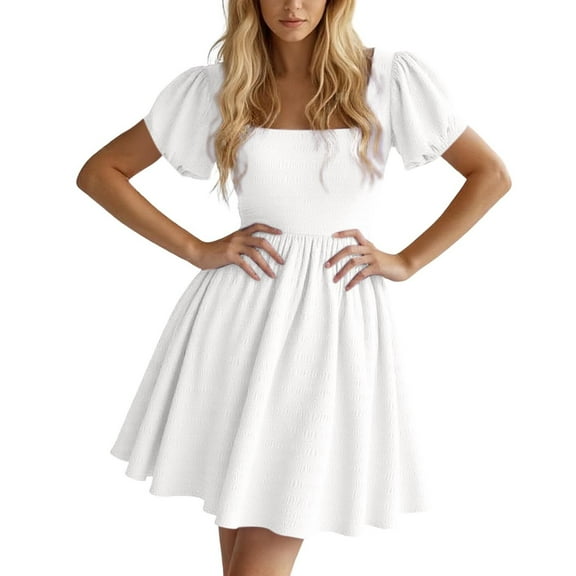 MIXUE Summer Dresses for Women Solid Color Square Neckline Puff Sleeve A Line Mini Casual Dress Outwear,White,L
