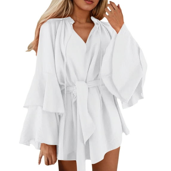 MIXUE Summer Dresses for Women Solid Color V Neck Irregular Sleeve Tie Waist Mini Casual Dress Beachwear,White,XL