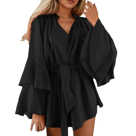MIXUE Summer Dresses for Women Solid Color V Neck Irregular Sleeve Tie Waist Mini Casual Dress Holiday Wear,Black,XXL