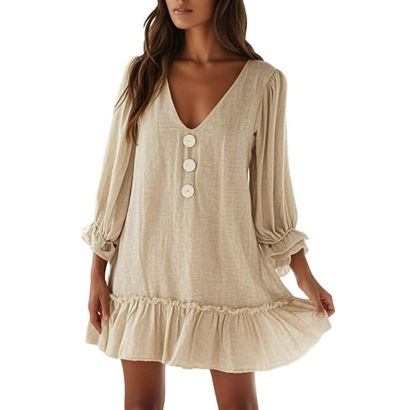 MIXUE Summer Dresses for Women Solid Color V Neck Long Sleeve Ruffled Party Mini Dress Activewear,Beige,L