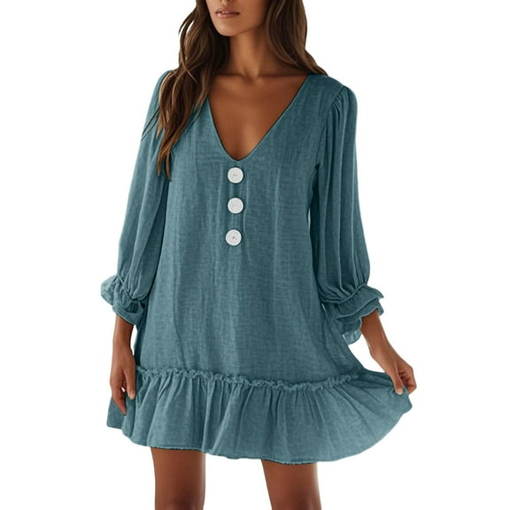 MIXUE Summer Dresses for Women Solid Color V Neck Long Sleeve Ruffled Party Mini Dress Activewear,Blue,S