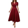 thumbnail image 1 of MIXUE Summer Dresses for Women Solid Color V Neck Short Puff Sleeve High Waist Slim Wedding Guest Formal Evening Party Maxi Dress Beachwear,Red,L, 1 of 7