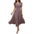 thumbnail image 1 of MIXUE Summer Dresses for Women Solid Color V Neck Short Puff Sleeve High Waist Slim Wedding Guest Formal Evening Party Maxi Dress Daily-Wear,Brown,S, 1 of 7