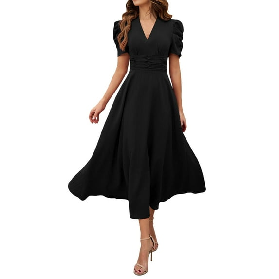 MIXUE Summer Dresses for Women Solid Color V Neck Short Puff Sleeve High Waist Slim Wedding Guest Formal Evening Party Maxi Dress Outwear,Black,XL