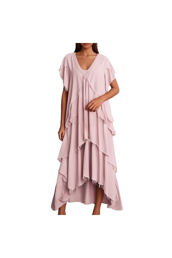 Summer Dresses for Women Solid Color V Neck Short Sleeve Casual Splice Irregular Hem Slim Maxi Dress Daily-Wear,Gray,XXL