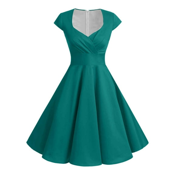 MIXUE Summer Dresses for Women Solid Color V Neck Short Sleeve Casual Vintage Swing Party Dress Activewear,Green,XL