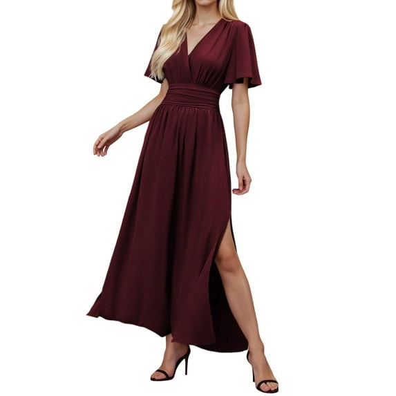 MIXUE Summer Dresses for Women Solid Color V Neck Short Sleeve High Waist Elegant Side Slit Evening Wedding Party Maxi Dress Streetwear,Red,M