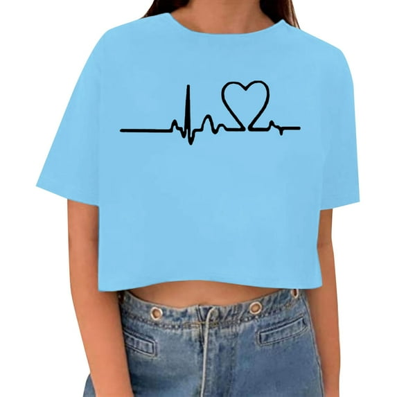 MIXUE Summer Heart Print Crew Neck Short Sleeve Fashion Casual Tshirts Streetwear,Blue,XL