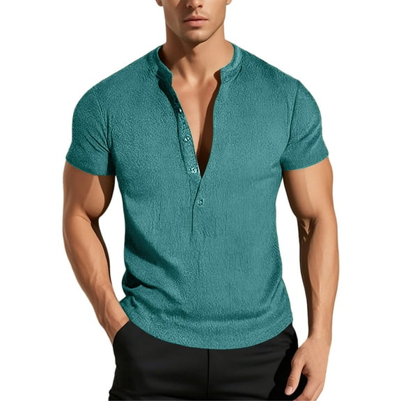 MIXUE Summer Shirts For Men Solid Color V Neck Button Down Short Sleeve Slim Fit Athleisure Tops Pullover T Shirts Daily-Wear,Blue,M