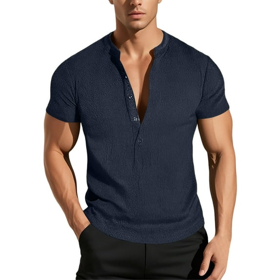 MIXUE Summer Shirts For Men Solid Color V Neck Button Down Short Sleeve Slim Fit Athleisure Tops Pullover Tshirts Holiday Wear,Blue,XXL