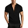 thumbnail image 1 of MIXUE Summer Shirts For Men Solid Color V Neck Button Down Short Sleeve Slim Fit Athleisure Tops Pullover Tshirts Outwear,Black,L, 1 of 7