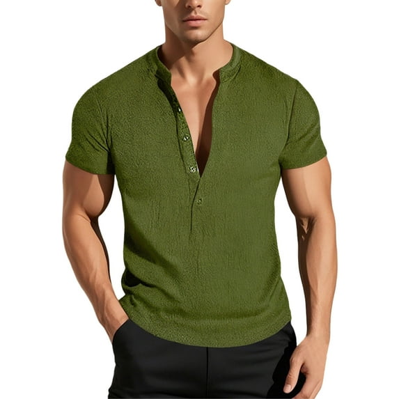 MIXUE Summer Shirts For Men Solid Color V Neck Button Down Short Sleeve Slim Fit Athleisure Tops Pullover Tshirts Outwear,Green,M