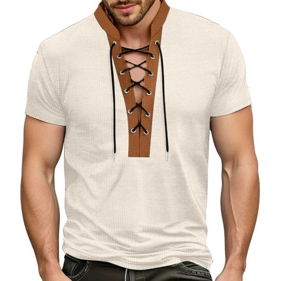 MIXUE Summer Shirts For Men Solid Color V Neck Lace Up Short Sleeve Stylish Casual Fashion Tops Pullover T Shirts Activewear,Brown,S