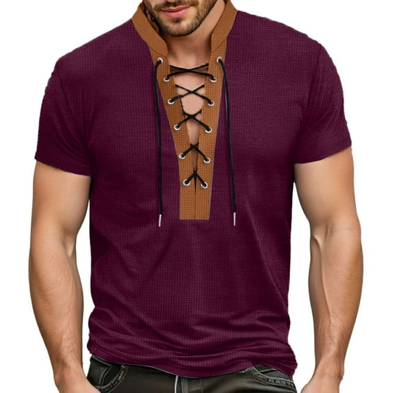 MIXUE Summer Shirts For Men Solid Color V Neck Lace Up Short Sleeve Stylish Casual Fashion Tops Pullover Tee Shirts Streetwear,Red,XXXL