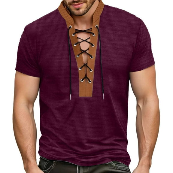 MIXUE Summer Shirts For Men Solid Color V Neck Lace Up Short Sleeve Stylish Casual Fashion Tops Pullover Tee Shirts Streetwear,Red,XXXL