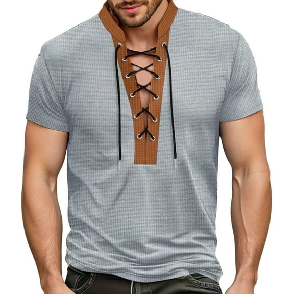 MIXUE Summer Shirts For Men Solid Color V Neck Lace Up Short Sleeve Stylish Casual Fashion Tops Pullover Tshirts Outwear,Gray,L