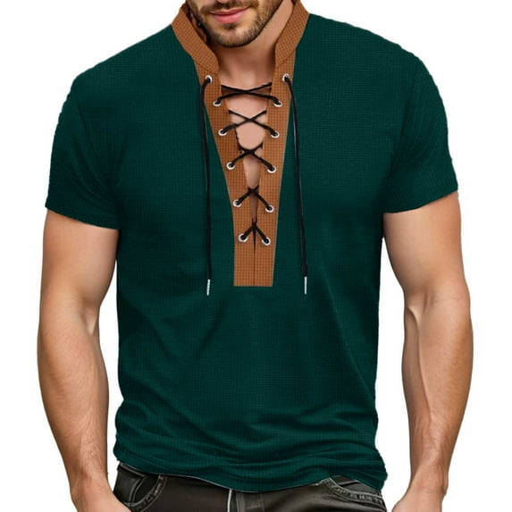 MIXUE Summer Shirts For Men Solid Color V Neck Lace Up Short Sleeve Stylish Casual Fashion Tops Pullover Tshirts Outwear,Green,L