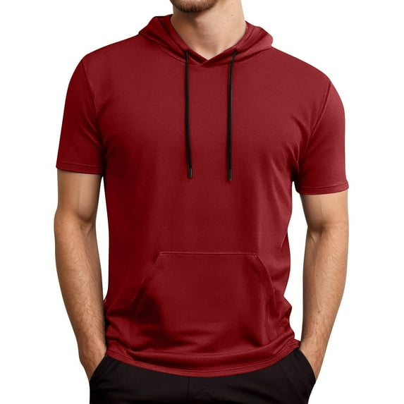 MIXUE Summer Shirts For Men Solid Color Hooded Short Sleeve With Drawstring Pocket Outdoor Basketball Training Casual Tops Pullover Tee Shirts Streetwear,Red,XXL
