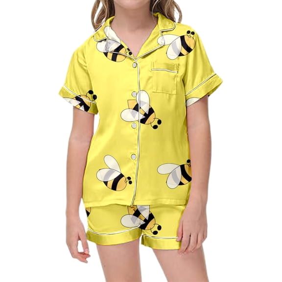 MIXUE Summer Toddler Girls Pajamas Sets 2 Piece Cartoon Bee Print Short Sleeve Button Lapel Shirt Shorts Loungewear Pajama Set For Bee Festival Outwear,Yellow,2-3 Years
