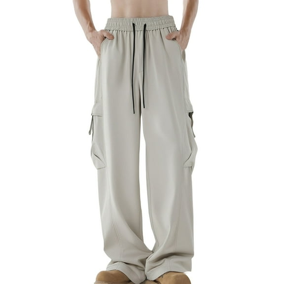 MIXUE Sweatpants for Men Summer Cargo Solid Color Elastic Waist Drawstring Wide Leg Loose Fit Casual Athletic Plus Size Bottoms Trousers Streetwear,Gray,XXL