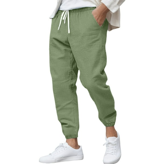 MIXUE Sweatpants for Men Linen Solid Color Elastic Waist Drawstring Large Size Loose Casual Trousers Streetwear,Green,S