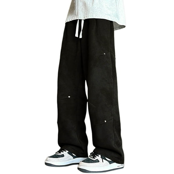 MIXUE Sweatpants for Men Solid Color Elastic Waist Drawstring Athleisure Outdoor Relaxed Fit Straight Leg Pants Trousers Sportwear,Black,XXL