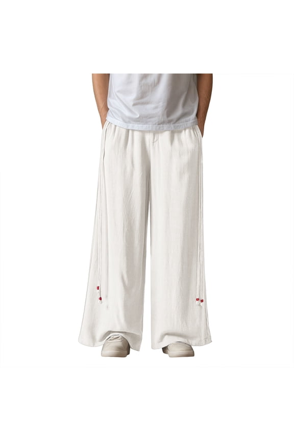 Sweatpants for Men Solid Color Elastic Waist Loose Wide Leg Trousers Streetwear,White,M